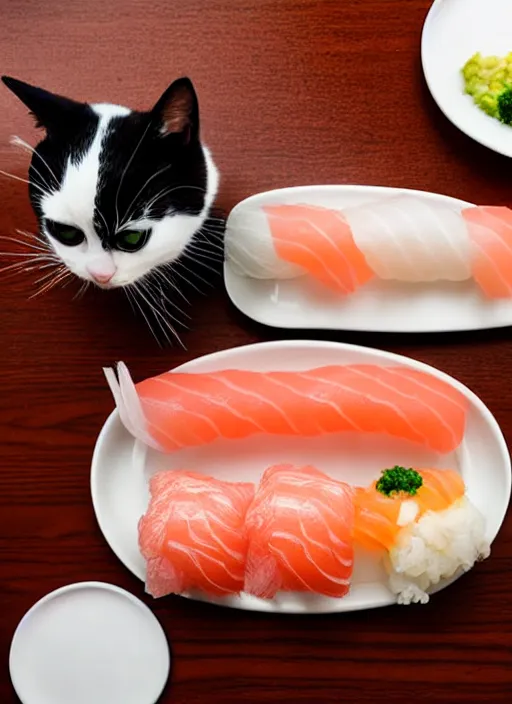 Image similar to clear photograph of cute cats eating sushi from sushi plates