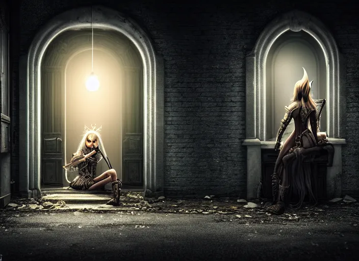 Image similar to streets of an abandoned gray city at night with a lone elven woman warrior sitting in the corner next to a closed door. Fantasy magic horror style. Highly detailed 8k. Intricate. Nikon d850 55mm. Award winning photography.