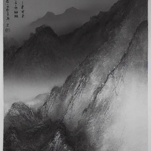 Image similar to the mountain, black and white, by lang jingshan,