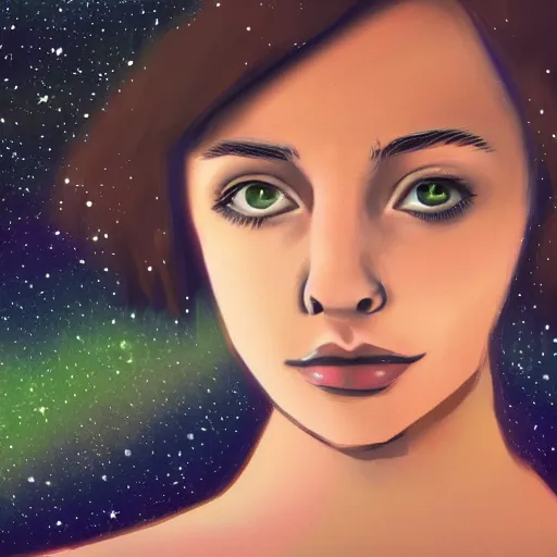 Image similar to an hd photo of a young woman with short brown hair and green eyes, beautiful trees in the background, night sky with stars and galaxies, trending on artstation