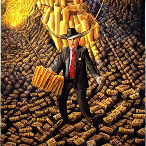 Image similar to Benjamin Netanyahu carrying sacks of money up a mountain in hell, by Michael Cheval