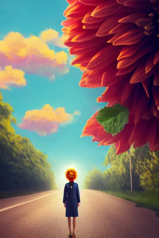 Image similar to closeup giant dahlia flower head, girl in a suit on a street, surreal photography, blue sky, sunrise, dramatic light, impressionist painting, digital painting, artstation, simon stalenhag