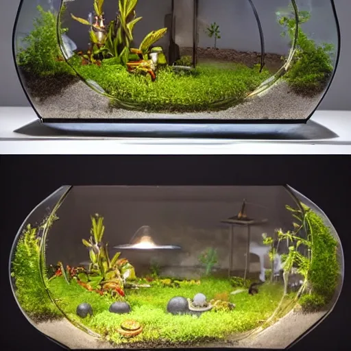 Image similar to a large terrarium with a diorama of a nuclear power station inside on top of a minimalist table, lit from the side
