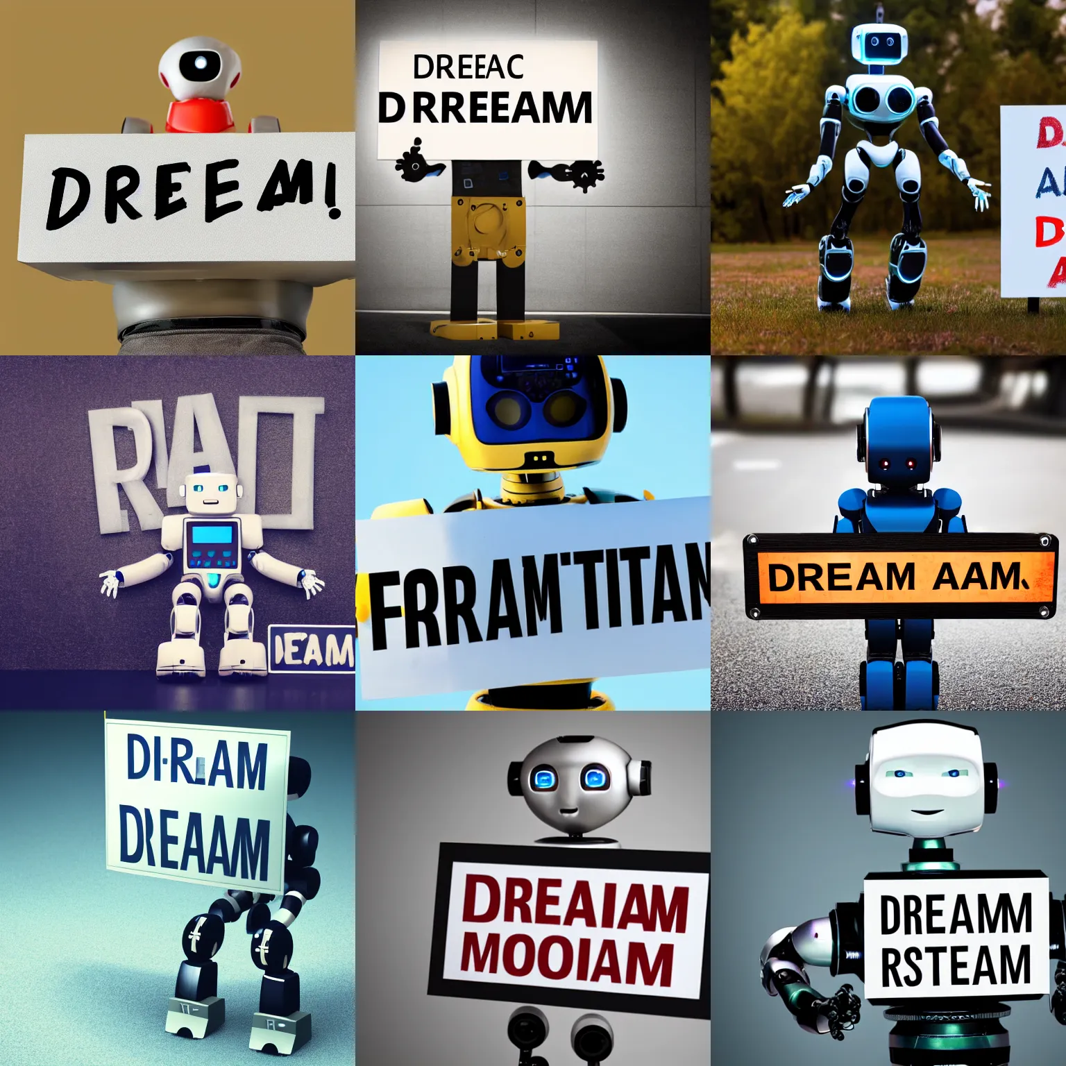 Image similar to artificial intelligence robot holding a sign with text that reads : dream