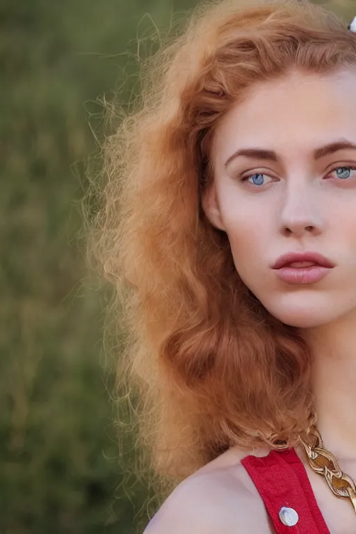 Image similar to vintage photograph of an olive skinned female model with strawberry blonde hair in her twenties, her hair pinned up, wearing a designer top and one gold standard chain necklace, looking content, focused on her neck, photo realistic, extreme detail skin, natural beauty, no filter, slr, golden hour, 4 k, high definition, selfie