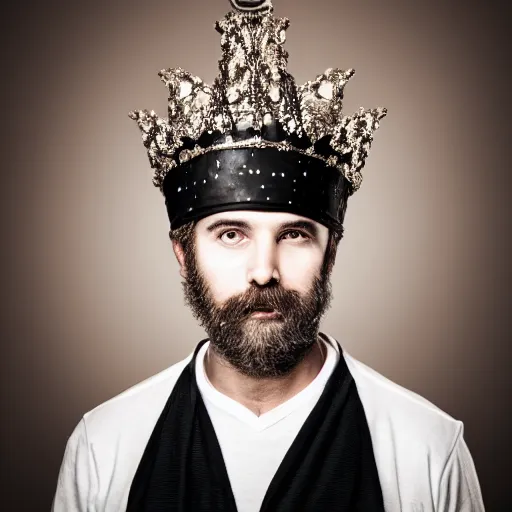 Prompt: man with a crown, smirk, photograph, black backgrounds