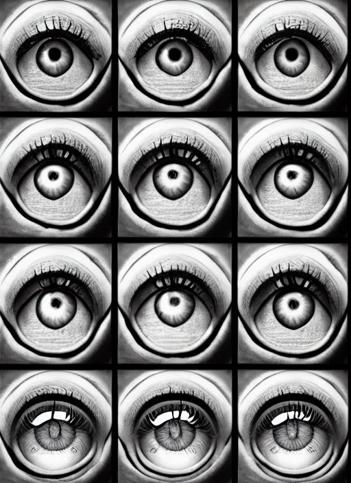 Image similar to side by side, faces, human eyes!, black centered dot pupil, circle iris, happy smiling human eyes, round iris, eyelashes, tired half closed, advanced art, art styles mix, from wikipedia, eye relections, hd macro photographs, montage of grid shapes