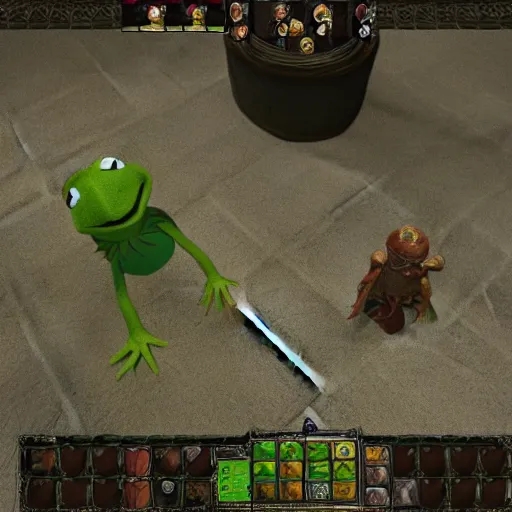 Image similar to Videogame render of Kermit inside Path of exile screenshot, symmetry accurate features