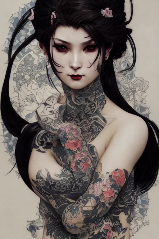 Image similar to goth yakuza girl tattoos, intricate, elegant, highly detailed, digital painting, artstation, concept art, smooth, sharp focus, illustration, art by artgerm and greg rutkowski and alphonse mucha and william-adolphe bouguereau