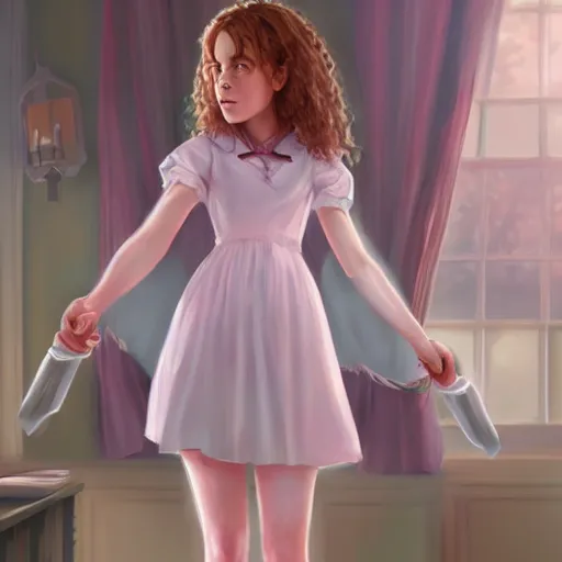 Image similar to Hermione Granger as a young girl in house maid clothes art drawn in art style of WLOP full HD 4K highest quality realistic beautiful gorgeous natural WLOP artist painting