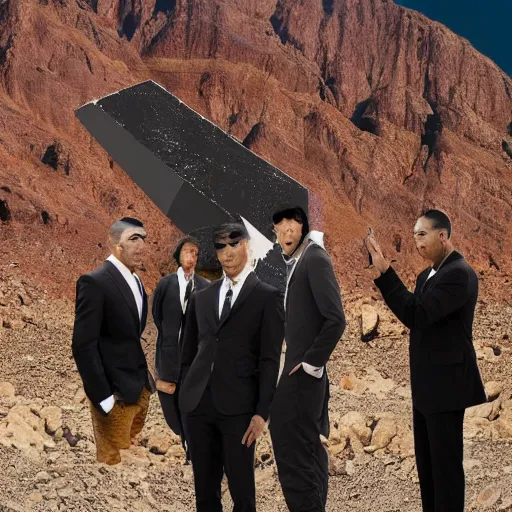 Image similar to Contamporary art fashion photography of ultra mega super hyper realistic detailed group of monkey's in suits standing around very highly detailed Obsidian monolith in the desert