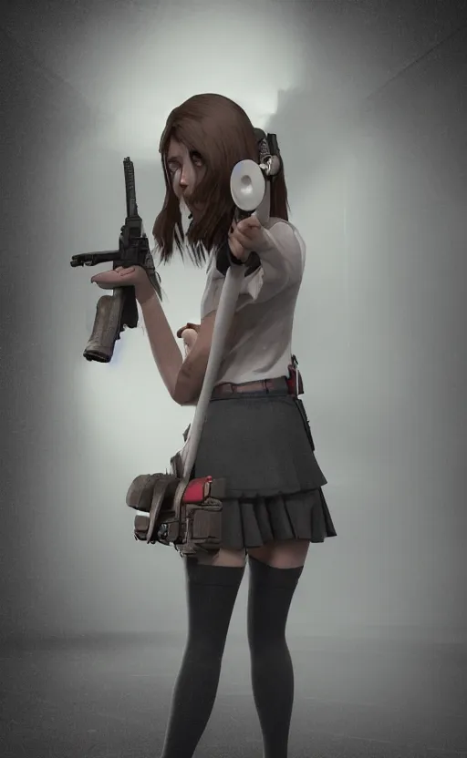 Image similar to school girl holding a gun, gloomy and foggy atmosphere, octane render, cgsociety, artstation trending, horror scene, highly detailded