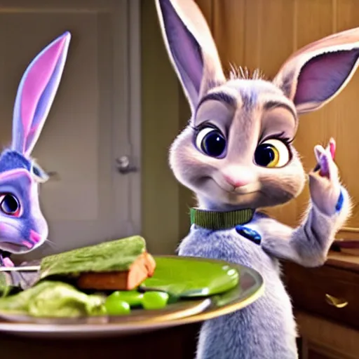 Prompt: Judy Hopps, the rabbit police officer from Zootopia, posing for a selfie with the evil human criminal Hannibal Lecter from Silence of the Lambs, over a plate of fava beans and chianti, mashup, 4k movie still