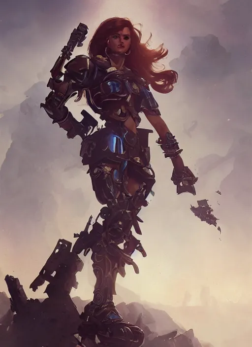 Image similar to hyper realistic heroic warhammer machine warrior android girl, cinematic, chaos marine, emma watson, artstation, cgsociety, full body, greg rutkowski, james gurney, mignola, craig mullins, brom redshift, vray, octane