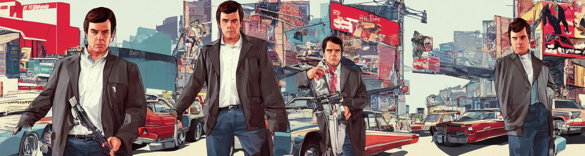 Image similar to GTA V illustration of 1980s Matthew Broderick on the cover of GTA V, outside of a 1980’s shopping mall