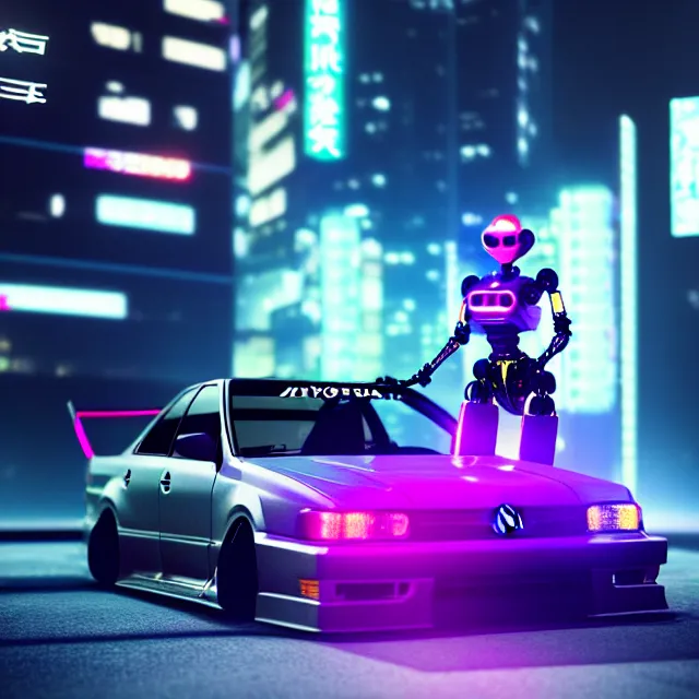 Prompt: toyota jzx 1 0 0 drift with pretty cyberpunk robot girl standing, detailed wheels, shibuya prefecture, cinematic lighting, photorealistic, night photography, octane render by tomino - sama