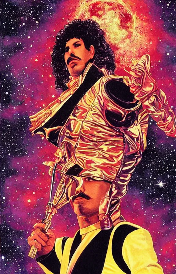 Prompt: freddy mercury with a beatiful long curly hair with a galactic background in the style of moebius