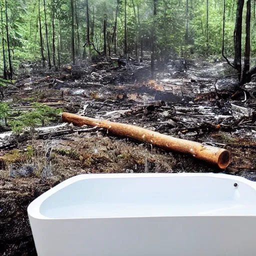 Image similar to pristine porcelain bath filled with bubbles in a clearcut rainforest, slash and burn, cleared forest, deforestation, bubble bath, overflowing with bubbles, tree stumps, smouldering charred timber, pile of timber