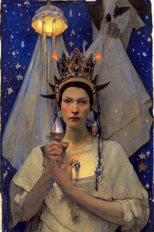 Prompt: queen of the darkness with her lantern and her stars, by Annie Swynnerton and Nicholas Roerich and Vermeer, strong dramatic cinematic lighting , ornate headdress , lost civilizations, smooth, sharp focus, extremely detailed