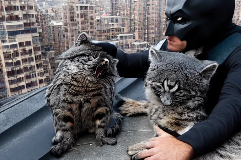 Image similar to Batman petting his Pallas cat on a rooftop, by Emmanuel Lubezki