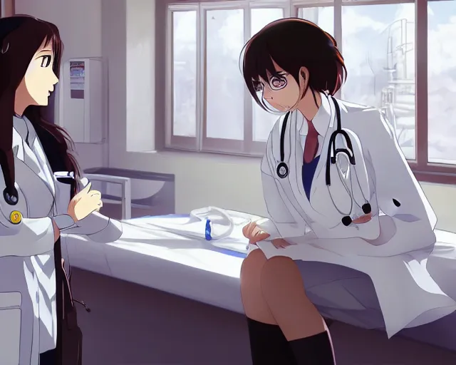 Image similar to a cute young female doctor wearing white coat are talking to a woman in a hospital, slice of life anime, lighting, anime scenery by Makoto shinkai