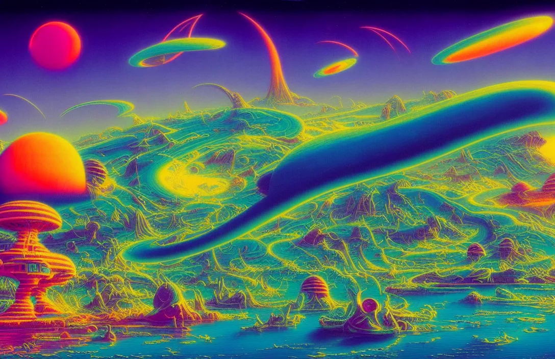 Image similar to cosmic sci - fi exotic islands, infinite psychedelic waves, synthwave, bright neon colors, highly detailed, cinematic, panoramic, tim white, michael whelan, roger dean, bob eggleton, lisa frank, vladimir kush, kubrick, james gurney, giger