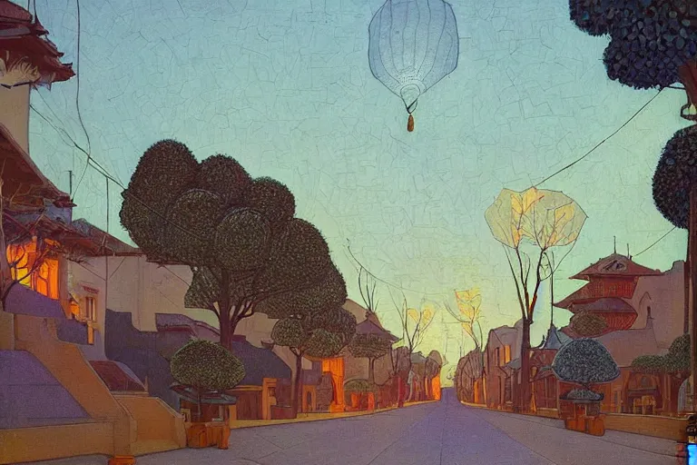 Image similar to tree-lined street at twilight in a very old very beautiful city by Thomas Seddon and Nicholas Roerich, glowing paper lanterns, strong dramatic cinematic lighting , ornate tiled architecture, lost civilizations, smooth, sharp focus, extremely detailed