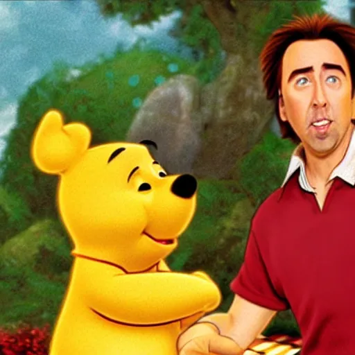 Prompt: nic cage in winnie the pooh, disney,