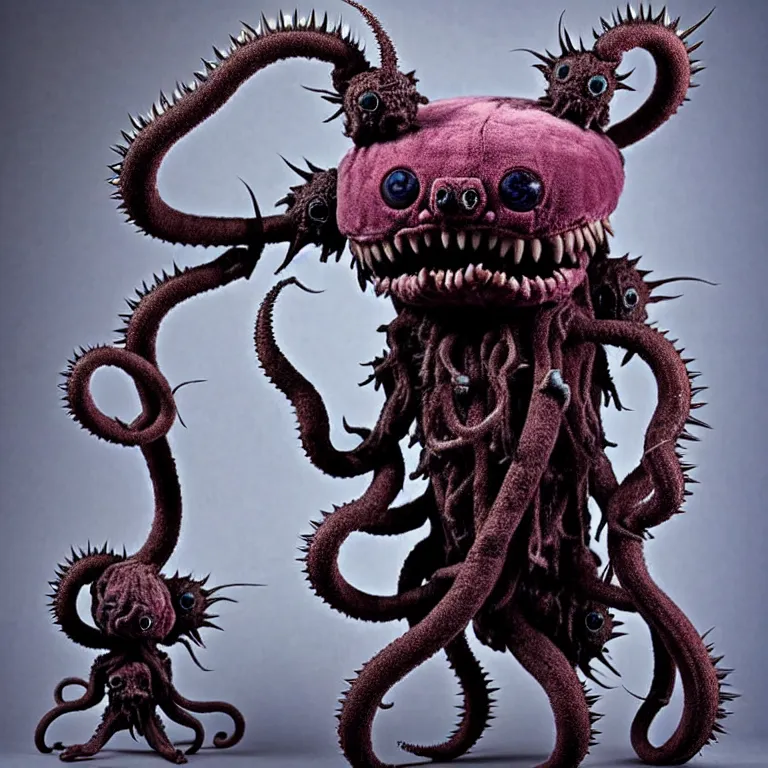 Image similar to photo of cute plush fluffy chibi monster with spikes, tentacles, and many eyes. made by giger, wayne barlowe, dariusz zawadzki, zdzislaw beksinski