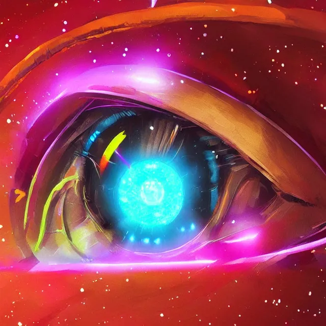 Image similar to a galactic neon eyeball, stars, artstation, digital art