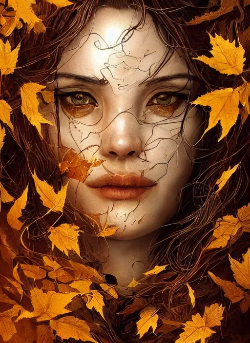 Image similar to golden leaves at frame border, creative!!! composition for a book cover, absurdly beautiful, ultrafine hyperrealistic detailed witch face by wlop and artgerm and greg rutkowski, intricate linework, sharp focus, smooth, octopath traveler, final fantasy, unreal engine, dramatic lighting, ethereal, 8 k