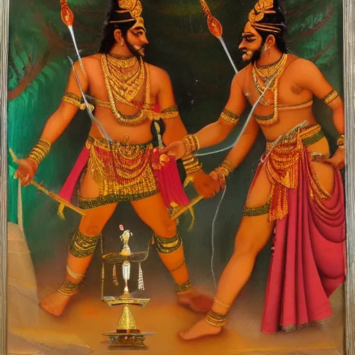 Image similar to a painting of bhima holding a mace and standing over slain duryodhana, mahabharat, an oil on canvas painting by raja ravi verma and ram chandra shukla, artstation, samikshavad, detailed painting, epic, oil on canvas h - 7 6 8