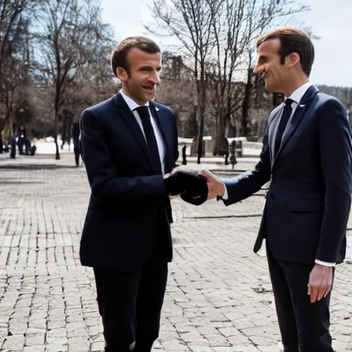 Prompt: Emmanuel macron posing with Walter white, 50mm F1/4