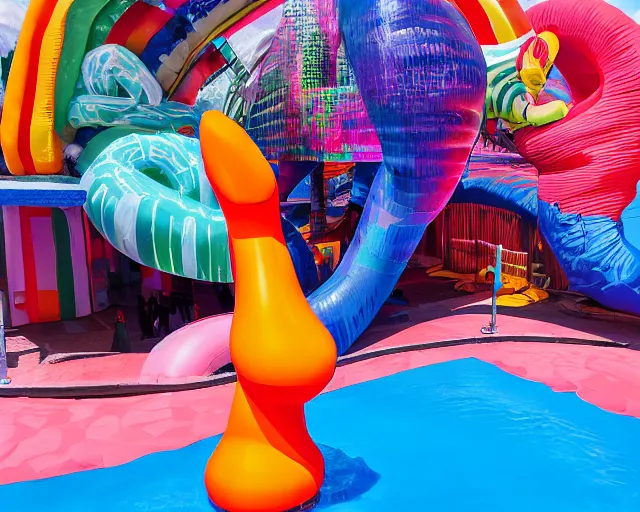 Image similar to a giant abstract sculpture made out of inflatable pool toys in a human head shape, on the surface of the ocean, in the style of chad knight, funny sculpture, long shot, hyper detailed, hyper realistic, ray tracing, 8 k resolution, sharp focus, realistic water, award winning sculpture