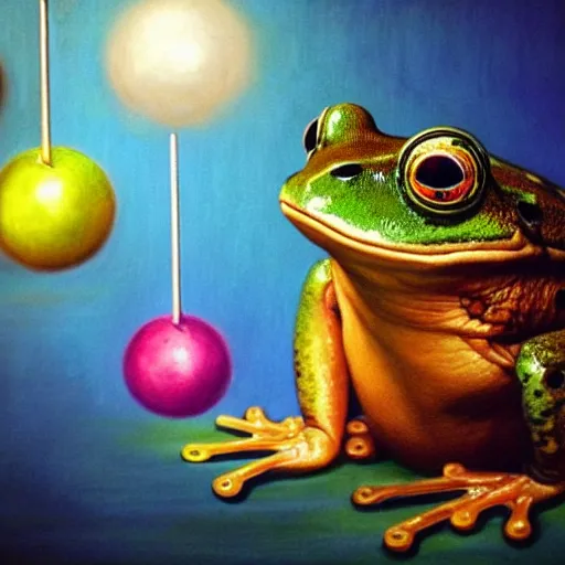 Image similar to long shot of a very cute frog playing with a rainbow glas balls, concept art, by esao andrews, by m. w. kaluta, volumetric light, surrealism, rich colors, very humorous!!! oil painting, realistic reflections, smooth, depth perception, high depth of field, 4 k, unreal engine 5, ultradetailed, hyperrealistic, artstation