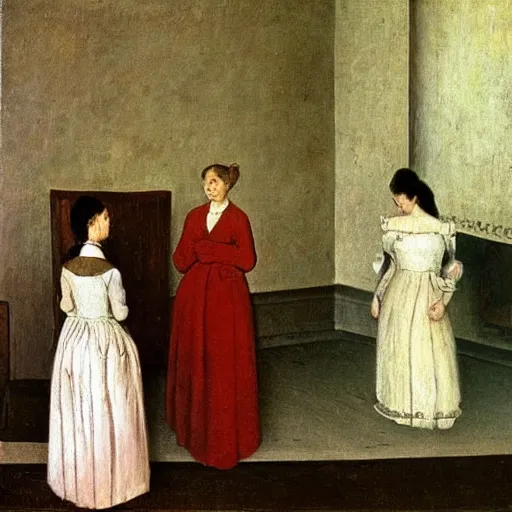 Prompt: painting by Balthus, three women, two of them are servants, one is a French queen, red and white flowers