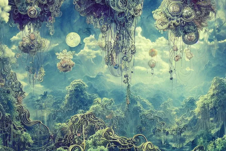 Image similar to simplicity, a huge flock of many ornate intricate puffy filigreed clouds tangled into large whirling ultra detailed crystal specimens, art nouveau jungle environment, playful, award winning art, epic dreamlike fantasy landscape, ultra realistic,