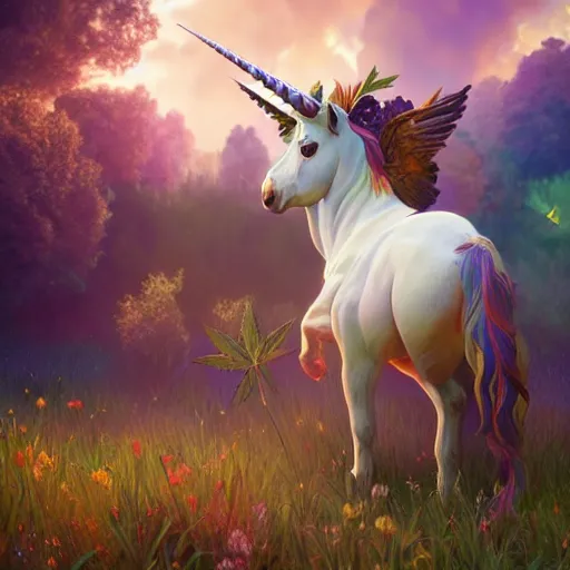 Image similar to a unicorn with wings eating in a field of marijuana, colorful sky, art by artgerm and greg rutkowski and alphonse mucha, concept art, octane render, unreal engine 5, highly detailed, high quality, 8 k, soft lighting, realistic face, path traced