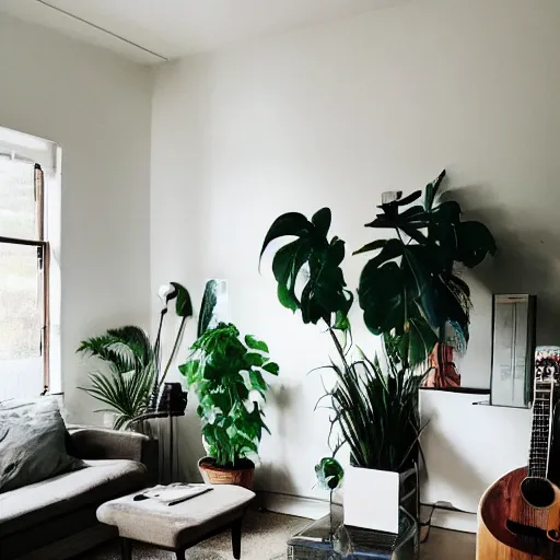 Image similar to a living room with plants and music equipment and a painting on the wall, featured on tumblr, light and space, sanctuary, soft light, aesthetic