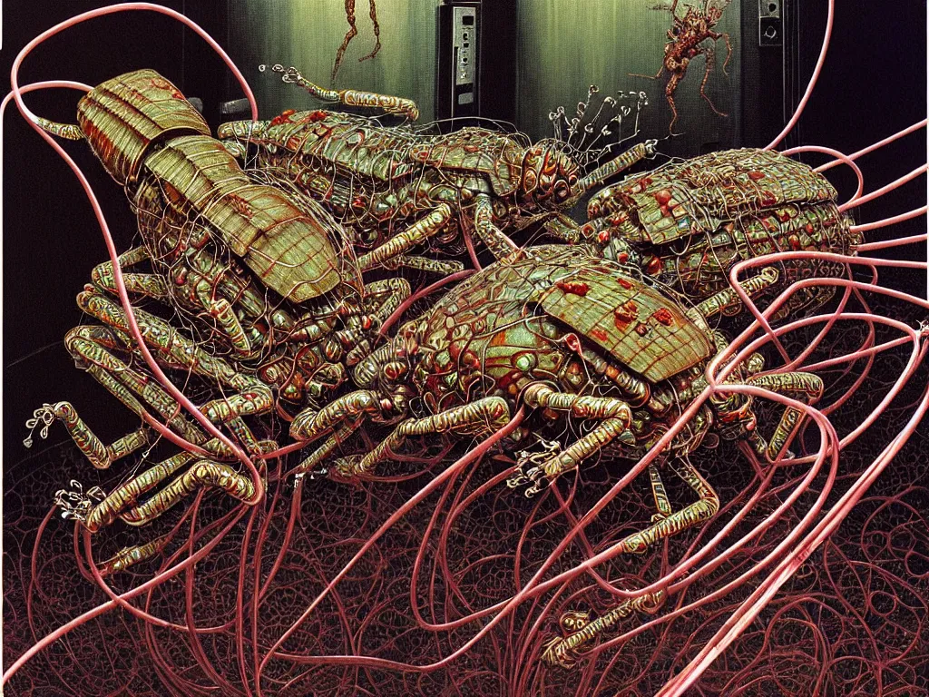 Prompt: realistic detailed image of a cockroaches connected with wires and cords to a computer from 9 0 s in an old dirty soviet apartment by ayami kojima, amano, karol bak, neo - gothic, gothic, rich deep colors. beksinski painting, from a movie by david cronenberg. art by takato yamamoto. masterpiece. realistic detailed image