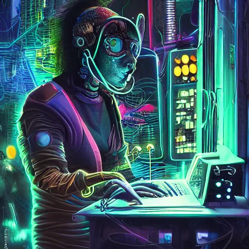 Prompt: cyberpunk goth cat cyborg working on cyberpunk computer in cyberpunk farmers market by william barlowe and pascal blanche and tom bagshaw and elsa beskow and enki bilal and franklin booth, neon rainbow vivid colors smooth, liquid, curves, very fine high detail 3 5 mm lens photo 8 k resolution