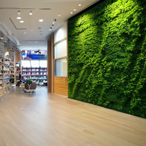 Prompt: interior photography of a Microsoft Samsung flagship store, wood, polished concrete, spotlights, verdant plants green wall, water feature, award winning interior design, patterns, retaildesignblog, dezeen, 14mm, 8k, cinestill, pentax, film