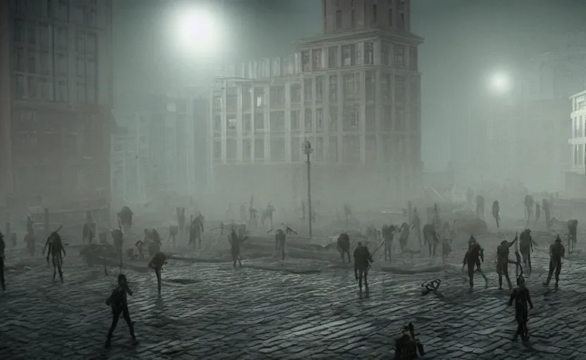 Image similar to Dan Pietro plaza invaded by zombies, epic, mystery, dense fog dusk, highly detailed, cinematic, 8k