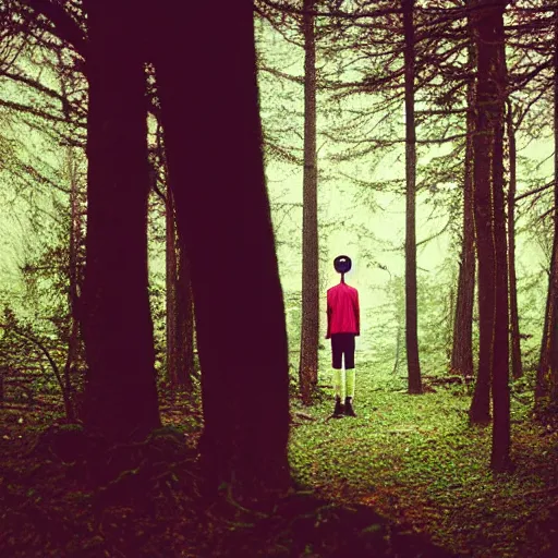 Image similar to kodak portra 4 0 0 photograph of a skinny goth guy standing in a dark forest, back view, flower crown, moody lighting, telephoto, 9 0 s vibe, blurry background, vaporwave colors, faded!,