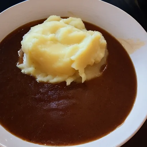 Prompt: brown gravy, mashed potatoes, Michelin star, award winning