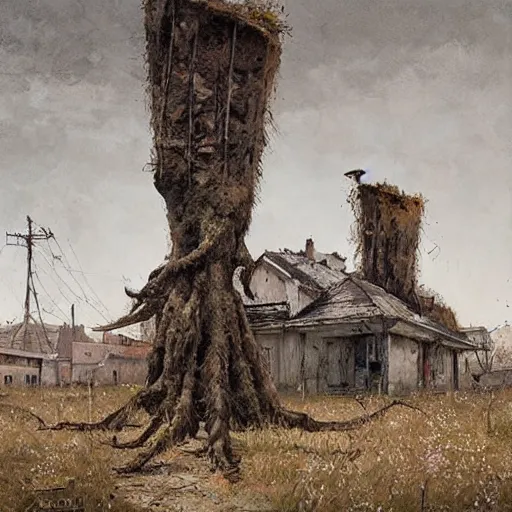 Image similar to painting of a abandoned post soviet town infested with humanoid root monsters by jakub rozalski