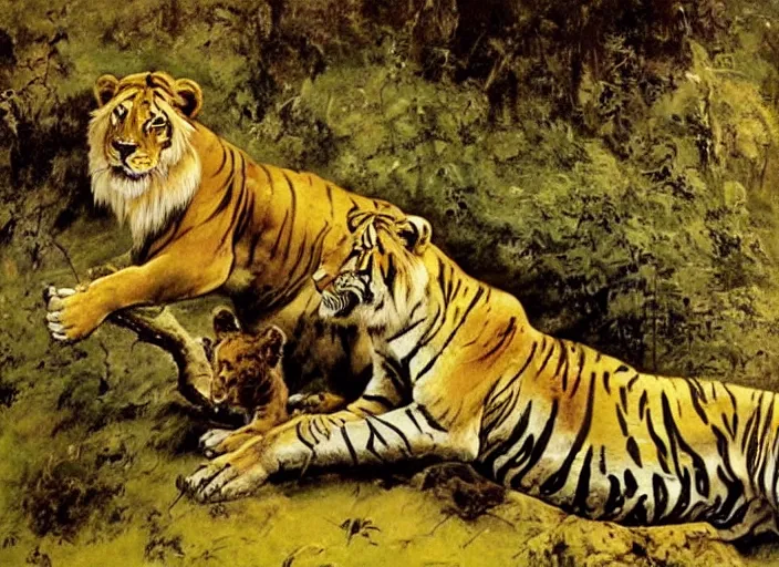 Image similar to a lion and a tiger in a forest by frank frazetta