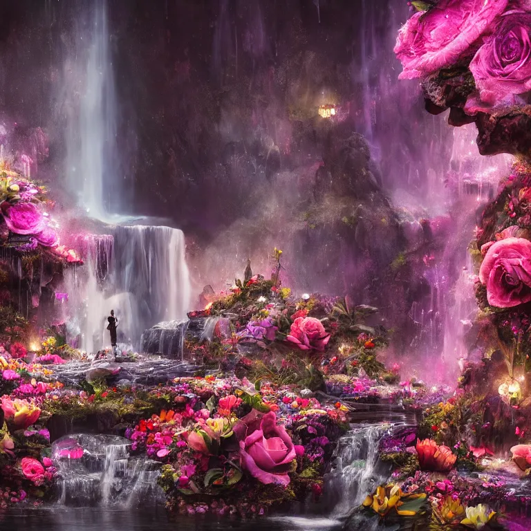 Prompt: oil painting, rich deep colors masterpiece, waterfall, gray, pink, ultra detailed, beautiful fantasy cave scene, contrast, firefly lights, neon drops, neon stones, redheaded flower girl and dress made of fresh flowers, roses, lilies, volumetric light, neon signs, atmospheric lighting, dramatic, cinematic, steampunk, moody, octane render 4 k, 8 k