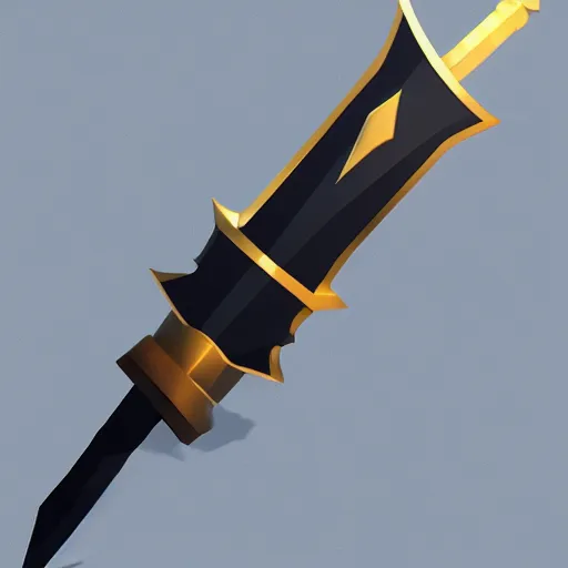 Image similar to black sword blade with golden hilt, icon, isometric, vector, low poly, blue background, cgsociety, volumetric lighting, artstation