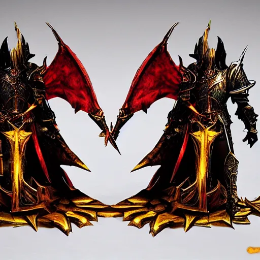 Image similar to double portrait the great death knight dark souls in golden red armor made of polished dragon bones looks relaxed, quantum physics, victorian era